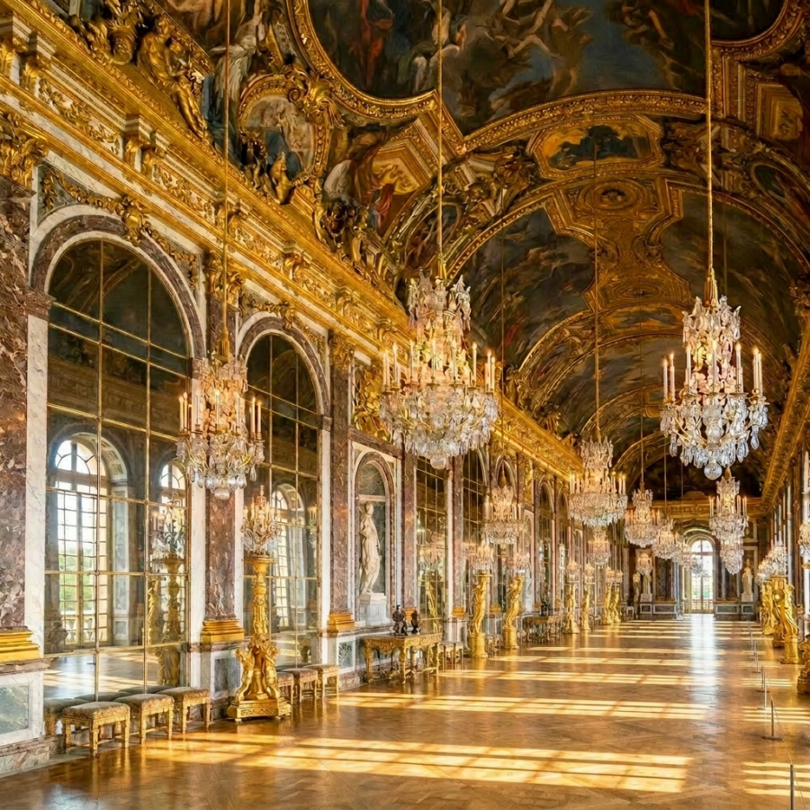 Grand Hall of Mirrors with chandeliers, gilded decorations, and visitors walking