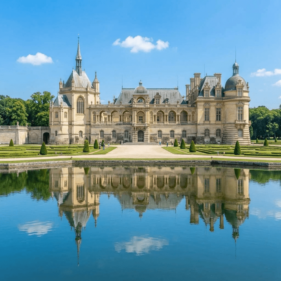 Château beside reflecting pond under colorful sunset sky