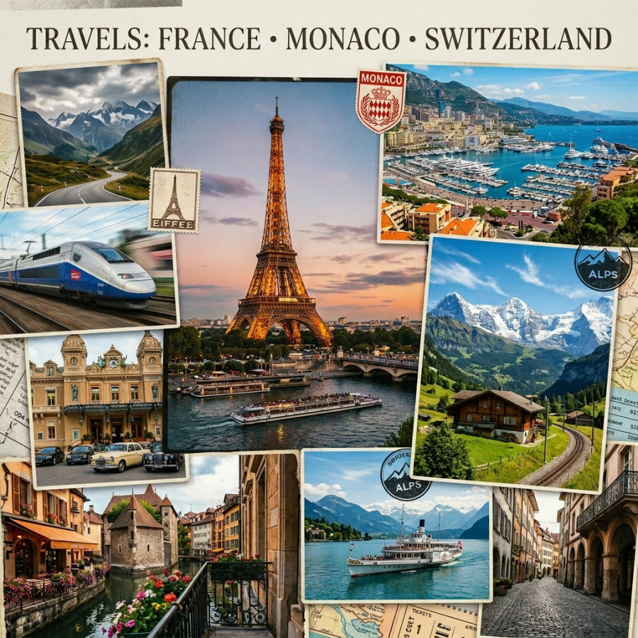 Collage of travel scenes including Eiffel Tower in Paris, Monaco harbor, Swiss Alps with chalet, high-speed train, and historic European streets