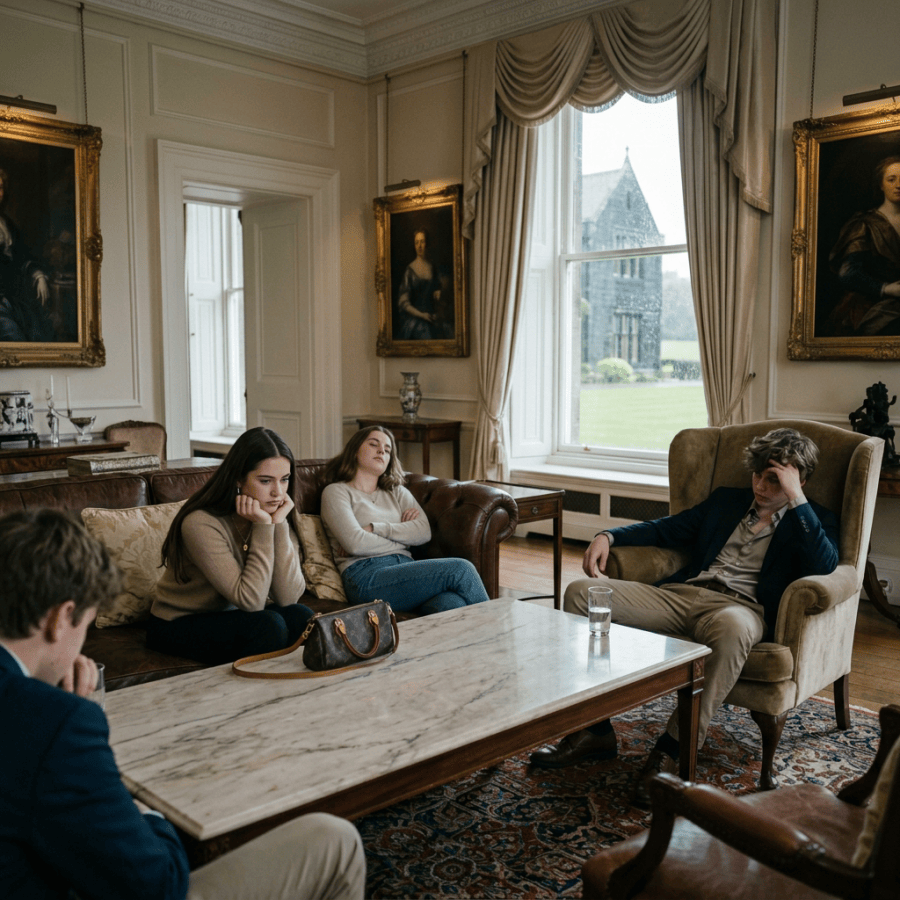 Four young people sit quietly in an elegant room with portraits and large windows.